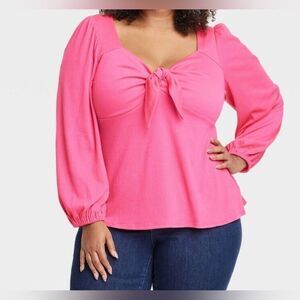 Ava & Viv Medium Hot Pink Tie Front Bubble Sleeve Top Size 3XL EUC
